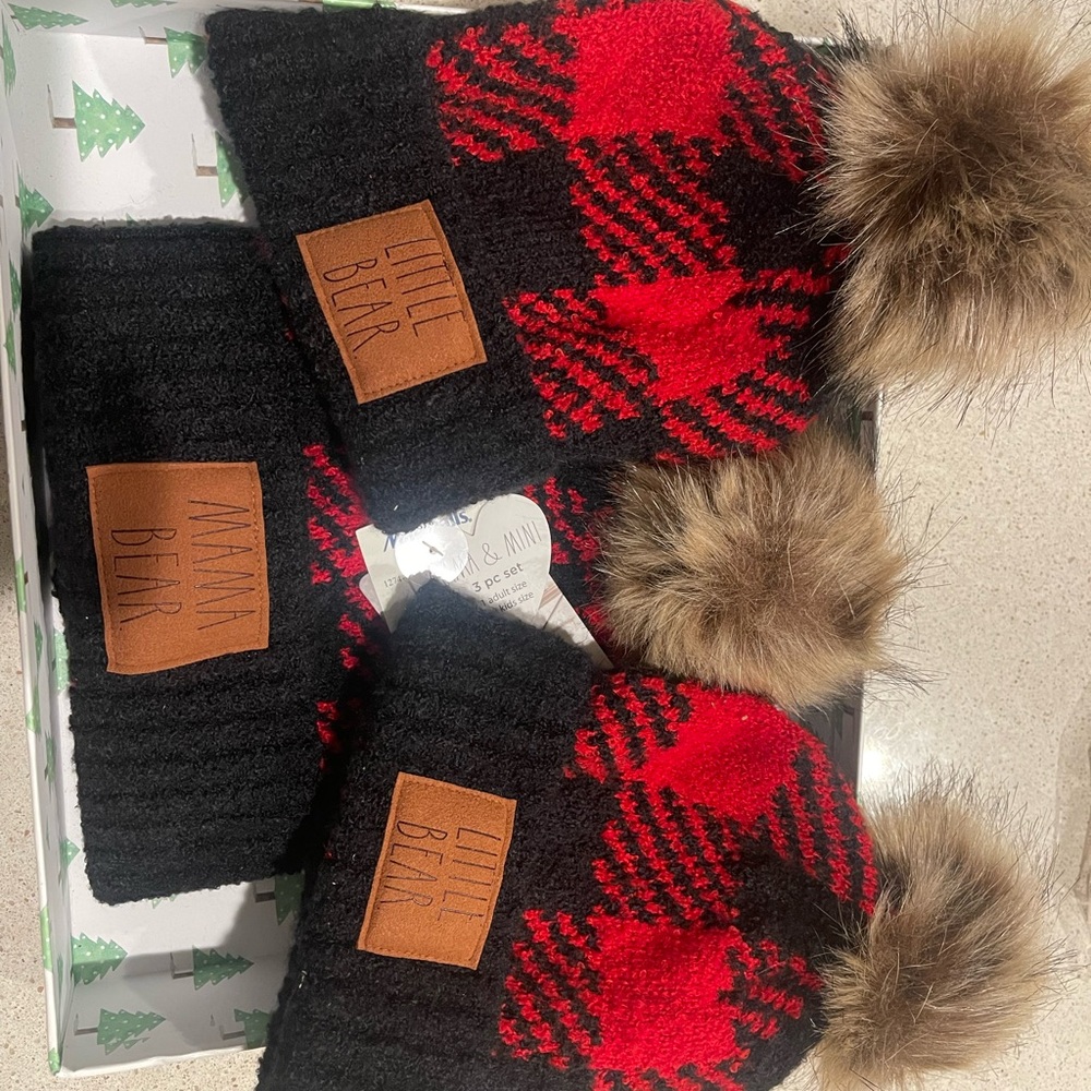 Little Bear Red and Black Plaid Pom Pom Beanies